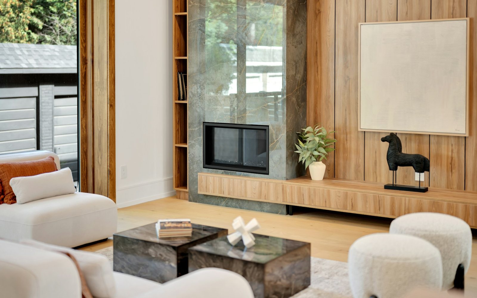 Warm interior with fireplace and natural light